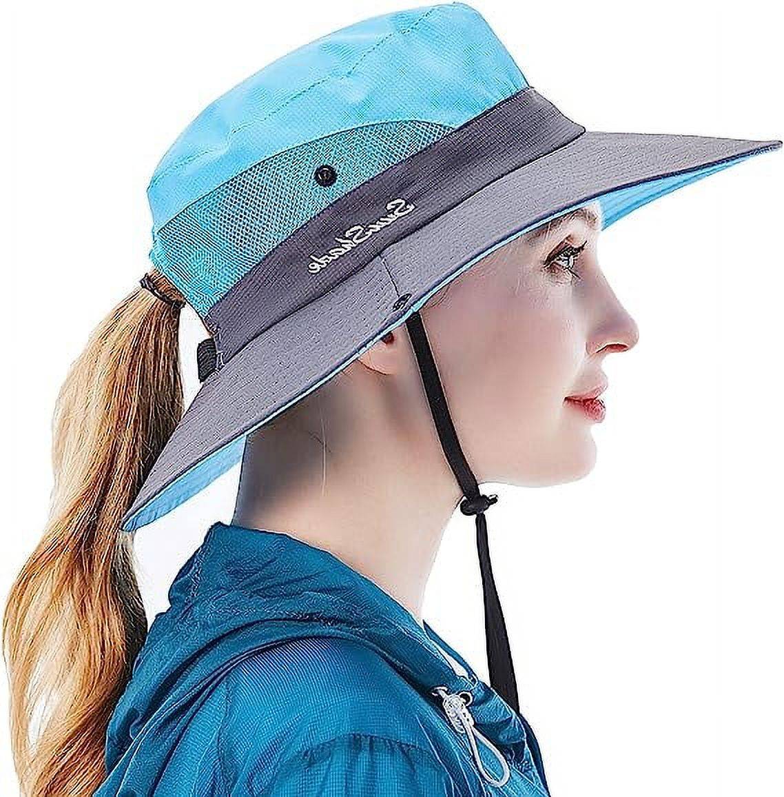 Sun Hat for Women UV Protection Bucket Fishing Hat with Ponytail-Hole, Foldable Outdoor Sun Hats Mesh Wide Brim Beach Hat.<br /><br />

Product Highlights:<br /><br />

【One Size Most】: This item women sun hat fits most ladies, Head circumference 21.2in-23.2 in/54cm-59cm, Brim width 3.3in-3.7in/8.5cm-9.5cm, Hat height 3.9in/10cm. Suitable size, casual style bucket hat will bring more comfort to your outdoor activities.<br /><br />

【Foldable & Breathable Fabric】: Mesh wide brim beach fishing Hat is made of polyester + cotton, lightweight and breathable, Inside is breathable mesh layer can greatly improve cooling. The beach hat is easy folded in half into your backpack, foldable material can be restored to its original shape for easy carrying or bagging.<br /><br />

【Adjustable Windbreak String】: The adjustable chin strap is durable and easy to slide up and down, for fixing the sun hat, especially in windy days, ensuring the summer cap does not fall in strong winds.<br /><br />

【Ponytail Hole Design】: The ponytail opening on the back is an intimate design for women, ponytail hat wide brim enough to protect the face from the sun and provides excellent protection from UV rays.<br /><br />

【Widely Used】： Women sun hats are perfect choices for outdoor, travel, beach, fishing, camping, hiking, hunting, gardening, pool, climbing, boating, golf, etc. This sun hat will be your staple hat for the entire summer!<br /><br />

Specifications:<br />
Material: 100% Polyester<br />
Pattern Type: Solid<br />
Style: Outdoor Hats<br />
Closure Type: Button closure<br />
Washing type: Machine Wash<br />
Size: One Size<br />
Color: Beige, Pink, Pure Black, Pure Grey, Pure Pink, Sky Blue, Watermelon Red<br /><br />

Package Contents:<br />
1 x Sun Hat<br />