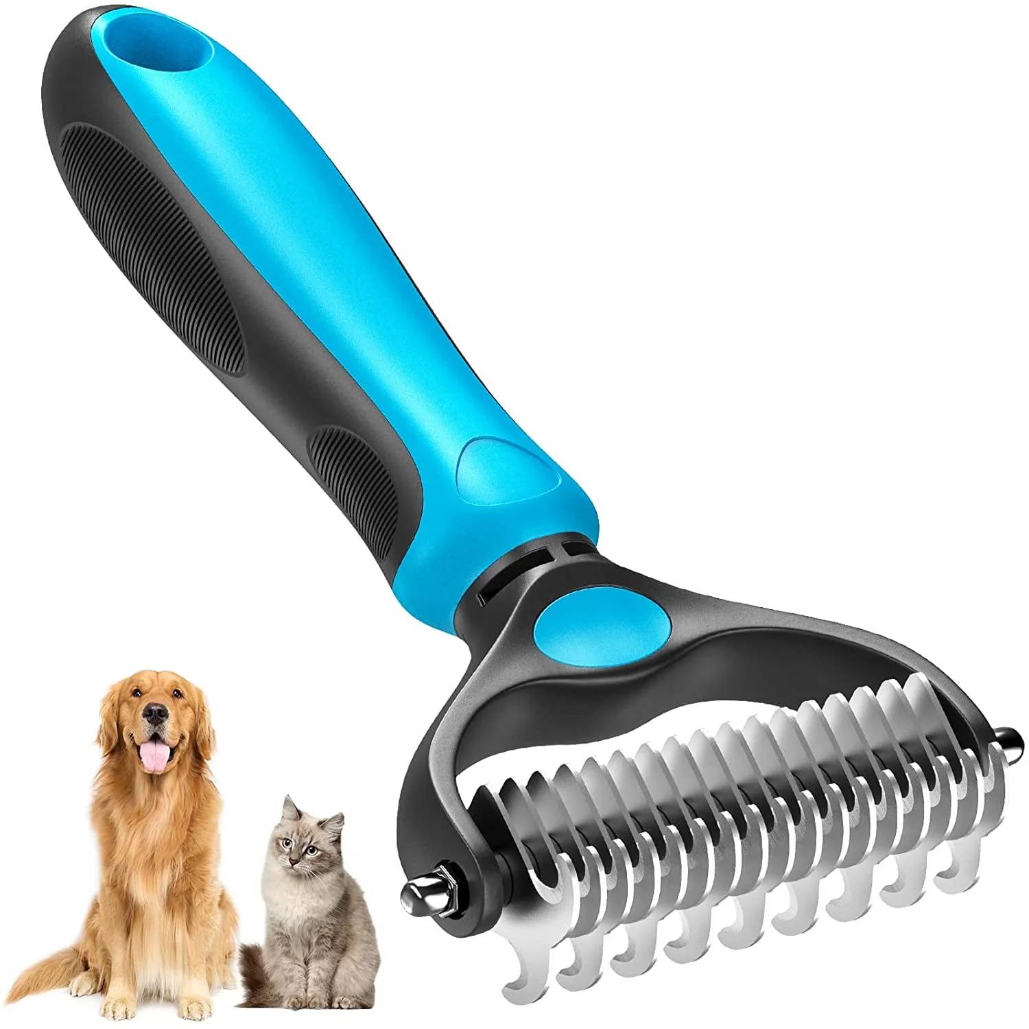 ✅✅ Juyafio Pet Dematting Comb Grooming Undercoat Rake 17+9 Teeth - Double Sided Designed, weight 0.47 lb .

✅✅ You will be amazed at how much hair will come off after a single use imagine how your dog will love the new healthy and shiny coat after having a grooming session with our grooming tool. Our undercoat rake dramatically reduces shedding by up to 90% after just 1 short session. Perfect for matted, heavy shedding undercoats and extra fur. This is the perfect pet brush for daily deshedding.

✅✅ Benefits from our grooming brush: Multi-purpose grooming tool - dual head design -the 9 teeth dematting side is perfect for removing mats, tangles, and knots, and the 17 teeth deshedding side is best suited for thinning and de-shedding loose hair. Stop pulling the hair out - slightly sharpened blades smoothly cut through the toughest mats. Reduce shedding regular brushing removes excess dead hair from your pet's undercoat, leaving you a clean and hair-free home. Safe for your furry friends - rounded ends teeth do not scratch or irritate the skin. Our dematting comb will leave your pet’s fur sleek, shiny and healthy, perfect for dogs, cats, horses, and rabbits with short, medium, and long coats.

✅✅ Tips for Achieving the Best Grooming Results:
. Use the 9-teeth side to go over the coat a few times, until you’re pulling out less and less hair from the brush;
. Comb with the 17-teeth side to thin and de-shed undercoat and remove more loose hair;
. Pick out the small tangles or mats with our dog metal comb that the teeth can’t get through.