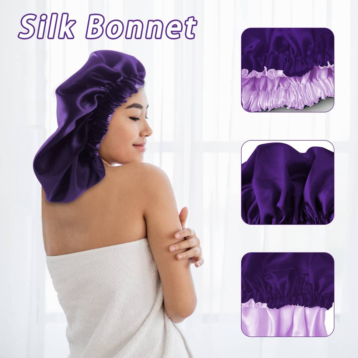 Silk Bonnet Satin Bonnet Hair Bonnet for Women Shower Caps for Curly Hair Long Hair Double-Layer Large Reversible.

Double-layer satin sleep cap are comfortable and breathable, Give your hair better protection, Locking in moisture better, Prevent tangles in your hair, Keep your hair smooth, and Prevent static electricity in your hair, You can use it in any environment, whether you are relaxing at home, sleeping or bathing, washing face, making up, SPA, cooking etc.
Feature:
. Breathable
. Soft
. Comfortable
. Satin

Packing list:
1x Satin Bonnet