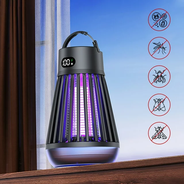 ✅【Electronic Insect Killer】: Equipped powerful instant 2000 Volt high voltage grid, kill any bug in a flash, also with high-intensity ultraviolet lamp, the Electric Bug Zapper can release 363+395+410nm specific wavelength to attract mosquitoes, gnats, aedes mosquitoes, flies, moths and other most insects. When the insect near the fly trap, electric bug zapper will kill the insect with high voltage grid.

✅【Rechargeable, Waterproof, Electricity digital display】: Built-in rechargeable 2000MAH batteries and 12 LED lights, IPX5 level Waterproof, Insect killer can be used Indoor & Outdoor, no matter the weather like, sunny or rain, just put or hang the electric mosquito zappers killer in the place you like, and then turn it on, take back your home from annoying flying insects and zap your bug problems away. It also can be a camping light, which is multifunction.

✅【Safe For Humans And Pets, Easy to Clean】: No bug spray, no insect repellent, No used any chemicals, harmless to the human body. Electronic insect trap includes a durable safety guard that prevents children, pets, and wildlife from contacting the charged grids. Our mosquito killer lamp has a hidden tray for the dead flies in the bottom of the device. To clean it up, simply remove the tray and clean it up with a brush or flush with warm water. Fast and effective!

✅ Note: Please turn it on 30-60 minutes before bedtime will have the best effect.

Packing list:
1x Multifunctional Mosquito killer
1x Charge cable
1x Clean brush
1x Manual