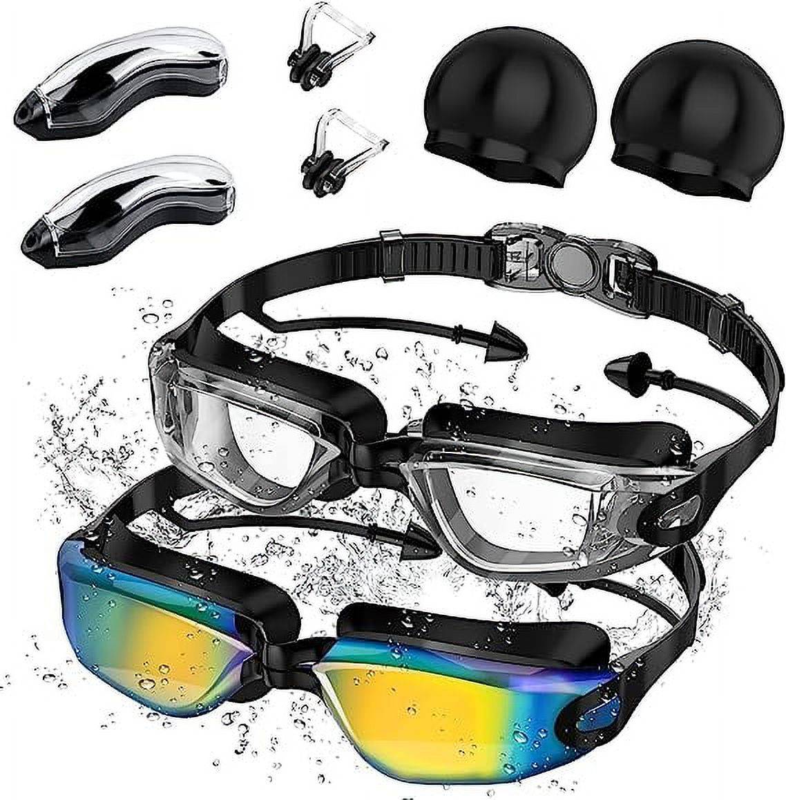 2 Pack Swim Goggles, Goggle with Nose Cover, Tinted, Anti-Fog Lenses with UV Protection, No Leak Water Swimming Goggles for Adult Youth.<br />
.  Gender: Adult; Unisex; Youth; Above age of 8<br /><br />
Key Features: <br />
.  Youth goggles provides a sleek, snug, low profile inner eye fit.<br />
.  Anti-Fog coating helps prevents the condensation of water.<br />
.  Flexible silicone frame and gasket can ensure no leak water.<br />
.  UV protected lenses block the sun's harmful UVA and UVB rays.<br />
.  Mirrored lens helps reduce glare.<br />
.  Updated styling with ultra low profile design and 25% more peripheral vision.<br /><br />

??‍♂️??‍♂️ Specifications<br />
Brand: Times Liz<br />
Color: Light Clear & Yellow Blue<br />
Frame Material: Silicone<br />
Lens Material: PC<br />
Size: Large<br />
Weight: 14.07 Ounces<br /><br />

??‍♂️??‍♂️ Packing list: <br />
2x Swim goggles<br />
2x Nose Clips<br />
2x Portable case<br />
2x Elastic Swimming Caps<br /><br />

Notes: <br />
.  Please take off the protective film on the surface of the goggles before use. <br /><br />