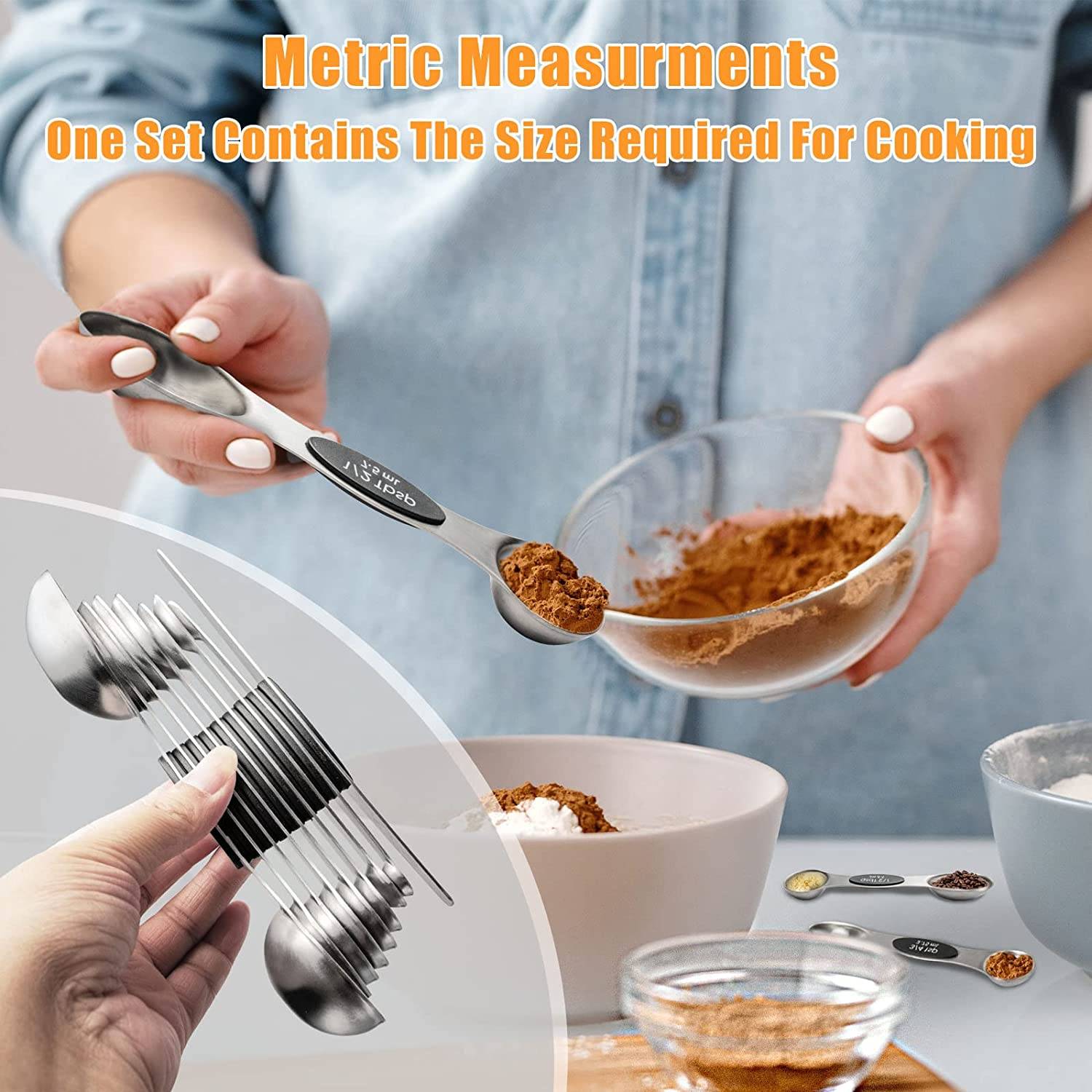 This set of 9 magnetic measuring spoons is designed to make your cooking and baking tasks more efficient and precise. The dual-sided spoons feature both round and narrow oval heads to accommodate a variety of ingredients, from liquids to dry spices. Crafted from high-quality stainless steel, these durable spoons are easy to clean and won't rust or deform. With a range of measurements from 1/16 tsp to 1 Tbsp, and a convenient leveler, you can ensure accurate portioning every time. The strong magnetic center allows the spoons to stack neatly in your drawer for hassle-free storage.