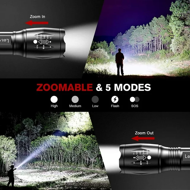 Portable LED Flashlight with High Lumens and 5 Modes for Emergency and Outdoor Use -Camping Accessories.

The compact and powerful flashlights now shines brighter, producing a blinding Max 1000 lumen beam to flood a large area with light. On high, beam distance runs 328ft. Use low for a less intense beam and longer run time (10 hours). High/low/strobe modes available. Flashlight emergency also makes a great companion for outdoor excursions such as camping and hiking. Take it with you everywhere !

Product Specification:
Name: Brand New r5/t6 Led Flashlight
5 Modes: Hight/Middle/Low/Fast Strobe/Sos
Led Bulb: Cree Xml-t6
Max Brightness: 1000 Lumens
Max Lighting Distance: >500m
Led Lifespan: >100000 Hours
Ip Grade: Ipx-6
Wattage:10 Watts
Special Features: Zoomable (Max Length : 6.22in Min Length: 5.35in)
Focal Length:Adjustable
Body Material: Aluminium Alloy
Wattage:10 Watts
Dimension: 5.39 x 1.38 x 1.02inch
Net Weight(Battery Not Included): 150g (5.29 Ounces)
Switch Type: Tail Cap Switch
Cap Switch Color: Black
Body Color: Black
Power Source: 1 x 3.7v 18650 Battery (Not Included) Or 3x AAA Battery (Not Included)

Change Mode: Push the on button either 2 or 3 times in a row,Switch the black button on the end to cycle through the modes
100% Customer Satisfaction Guarantee. More Light and Bright, No More Dark and Danger. It's Time to Invest in Your Safety!
So, Order Now and How About Ordering two sets? One for You and One Someone Special!