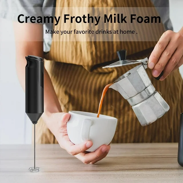 delpattern Milk Frother for Coffee, Battery Operated Drink Mixer for Matcha and More, Handheld Electric Mini Whisk Small Hand Mixers, Frappe Maker, Black.

This electric handheld battery-operated milk frother with high-speed rotation of the stainless-steel whisk and ABS shaft, can instantly froth hot or cold milk for your favorite drinks. Where ever you need frothed milk or cream, this drink mixer will do the job for you quickly and easily within 15-20 seconds.The portable coffee mixer can be used for purposes other than just frothing milk. It is a great tool to have in the kitchen as it can be used for mixing milkshakes, cocktails, fruit drinks, eggs, soups, dressing, etc. It can be used for all liquid foods.

Specifications
Material: Stainless Steel, ABS
Color: Silver, Black
Length: 22 cm/8.66 inches
Type: Mini Hand Mix
Rotate Speed：10000-14000RPM/ Minute
Weight: 58.97g/0.13lb
Operate Required : One-touch
Battery: 2* AA batteries (not included)

Package Include
1 x Electric Milk Frother (without batteries)