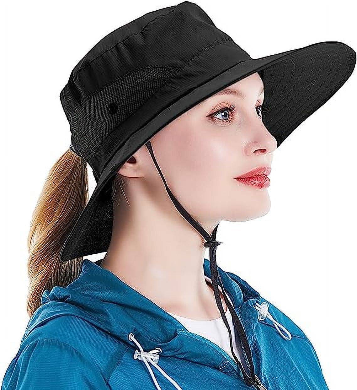 Sun Hat for Women UV Protection Bucket Fishing Hat with Ponytail-Hole, Foldable Outdoor Sun Hats Mesh Wide Brim Beach Hat.<br /><br />

Product Highlights:<br /><br />

【One Size Most】: This item women sun hat fits most ladies, Head circumference 21.2in-23.2 in/54cm-59cm, Brim width 3.3in-3.7in/8.5cm-9.5cm, Hat height 3.9in/10cm. Suitable size, casual style bucket hat will bring more comfort to your outdoor activities.<br /><br />

【Foldable & Breathable Fabric】: Mesh wide brim beach fishing Hat is made of polyester + cotton, lightweight and breathable, Inside is breathable mesh layer can greatly improve cooling. The beach hat is easy folded in half into your backpack, foldable material can be restored to its original shape for easy carrying or bagging.<br /><br />

【Adjustable Windbreak String】: The adjustable chin strap is durable and easy to slide up and down, for fixing the sun hat, especially in windy days, ensuring the summer cap does not fall in strong winds.<br /><br />

【Ponytail Hole Design】: The ponytail opening on the back is an intimate design for women, ponytail hat wide brim enough to protect the face from the sun and provides excellent protection from UV rays.<br /><br />

【Widely Used】： Women sun hats are perfect choices for outdoor, travel, beach, fishing, camping, hiking, hunting, gardening, pool, climbing, boating, golf, etc. This sun hat will be your staple hat for the entire summer!<br /><br />

Specifications:<br />
Material: 100% Polyester<br />
Pattern Type: Solid<br />
Style: Outdoor Hats<br />
Closure Type: Button closure<br />
Washing type: Machine Wash<br />
Size: One Size<br />
Color: Beige, Pink, Pure Black, Pure Grey, Pure Pink, Sky Blue, Watermelon Red<br /><br />

Package Contents:<br />
1 x Sun Hat<br />