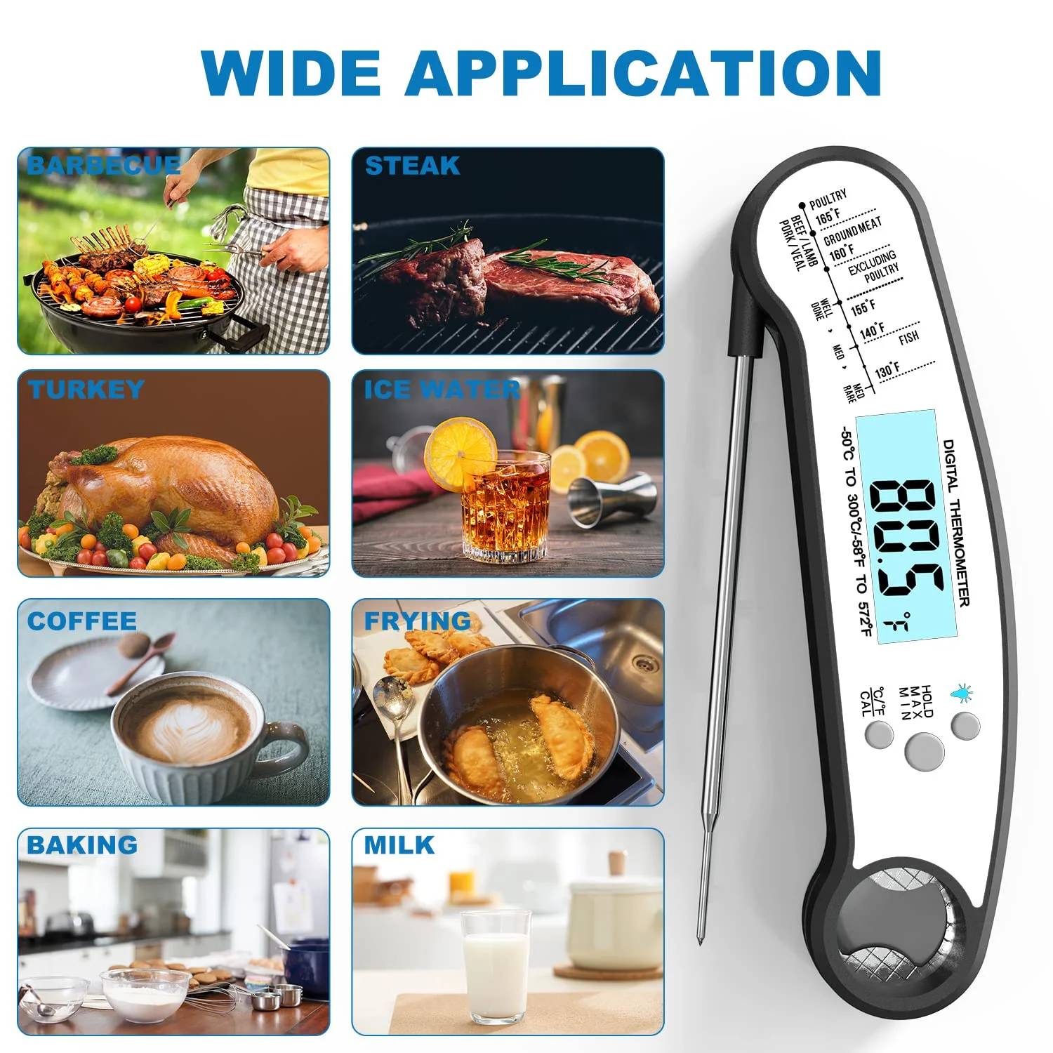 ? delpattern wireless thermometer for grill - meat thermometer digital, instant read thermometer for cooking, BBQ, Kitchen - Fast Digital Food Thermometer.

? Kitchen Thermapen Thermometer - Try our digital cooking thermometer kitchen tool with many uses including a frying thermometer baking thermometer grill thermometer digital probe liquid thermometer and more.

? Digital Instant Read Grill Thermometer- Accurate Reading & Ultra Fast, Equipped with a food grade stainless long probe, thermometer takes the temperature in a little as 2 seconds and is accurate to �1�C(1.8?) degrees with a wide range of -58?~572??-50�C~300�C), Our meat thermometer for grilling and deep fry thermometer can help perfect your cooking.

? Probe thermometer - A food thermometer instant read meat temperature probe can make a big difference so add our meat probe to your grill tools and see the power of a digital thermometer cooking aid.

? BBQ Food Thermometer - Our instant read thermometer digital BBQ accessories are great for indoor/outdoor cooking whether you need a general grilling thermometer or just a steak thermometer.