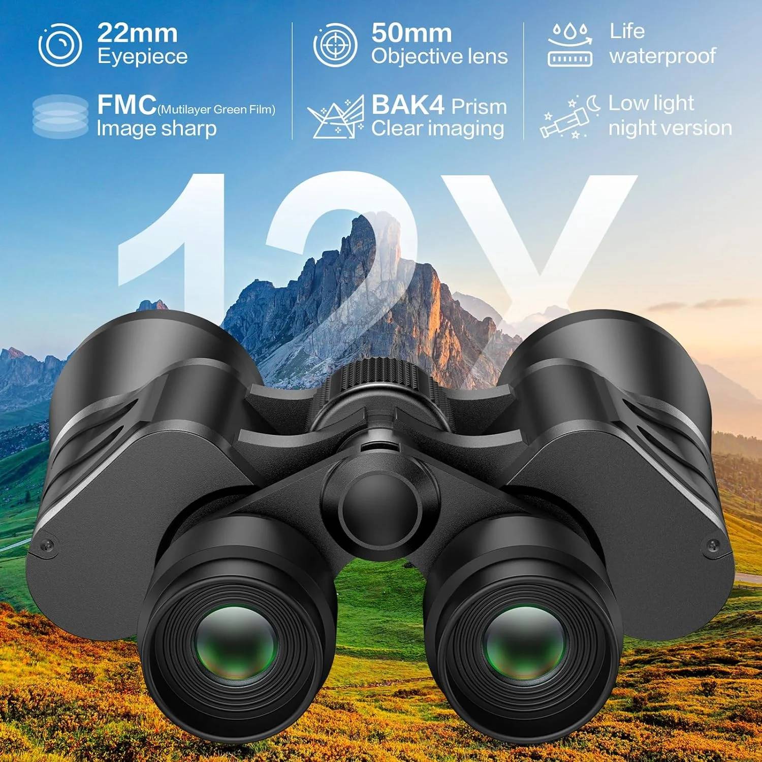 Juyafio aims to provide professional optical equipment for every explorer! Once you pick up a pair of binoculars for the first time and set out on the road to distance, you'll never stop. Our waterproof binoculars are designed with 12x high power magnification and a 50mm wide angle lens, providing a large field of view of 305ft/1000yds when in use. These binoculars feature night vision capability, large BAK4 prism, fully multi-coated objective lens and eyepiece, enabling adventurers to observe targets clearly even in low-light environments such as cloudy or dusk settings.This birding binocular is compact, non-slip, fog-proof and waterproof, making it especially suitable for outdoor activities such as birding, hunting, traveling, stargazing and camping.Whether it's for an upcoming Christmas, birthday or Father's Day, it's the ideal choice for anyone looking to select a gift.