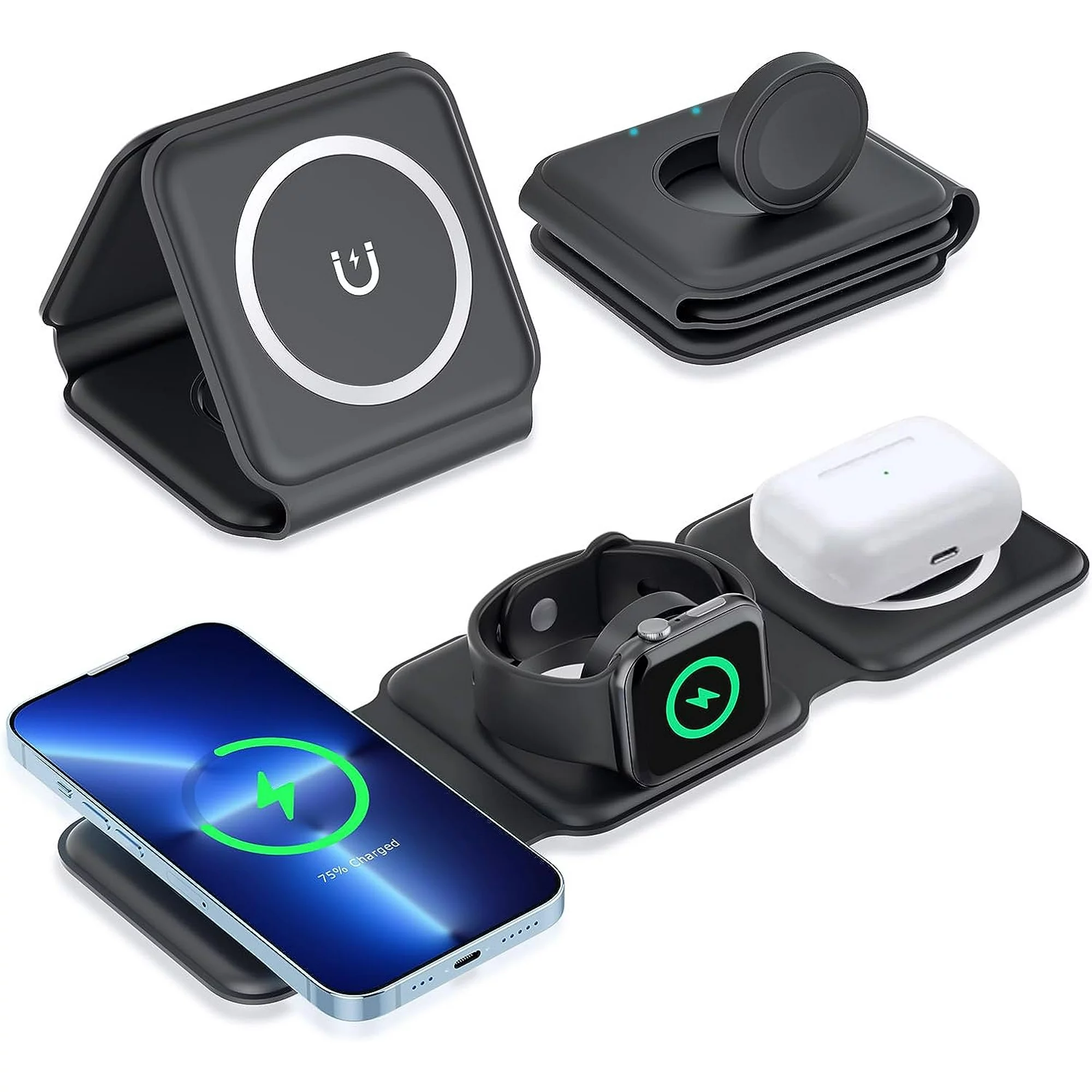 Juyafio 3 in 1 Charging Stations, Magnetic Foldable Wireless Charger,Cell Phone Charging Stations for Travel Compatible with iPhone 14 13 12 11/Pro/XS/XR,AirPods 3/2/Pro,iWatch 7/6/5/4/3/2, Black.

Why choose the 3-in-1 Foldable Wireless Charger?
1. It combines the advantages of wireless charging and avoids some shortcomings in function and volume. Therefore, this magnetic folding charger can be bought and used with confidence!
2. IDEAL SIZE, SMALL AND LIGHTWEIGHT, MULTI-DIMENSIONAL USE, EFFICIENT AND CONVENIENT, SAFETY PROTECTION. Use it to charge your iPhone, iWatch and AirPods. It will be the best choice for daily use and travel.

Kind regards:
1. Please make sure your device supports wireless charging before use.
2. Please avoid charging with case thickness more than > 2MM.
3. If the working temperature exceeds 122°F, charging will be interrupted to avoid damage to the devices.