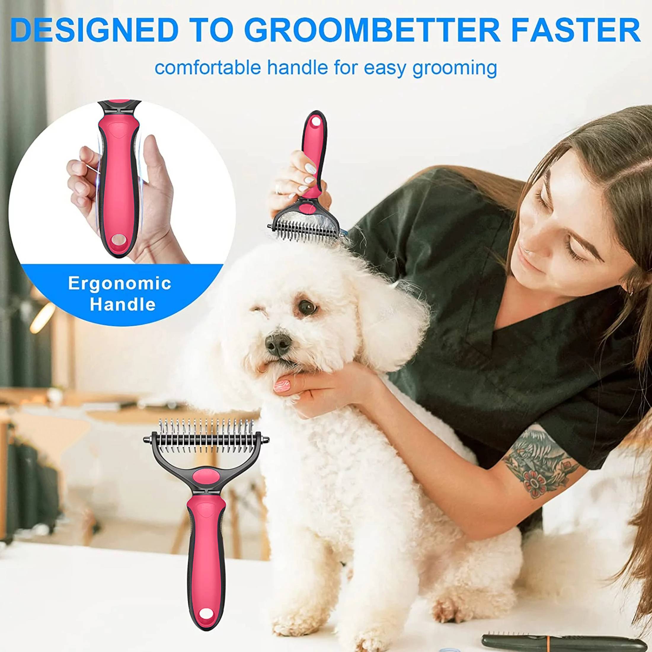 Pet Dematting Comb Grooming Undercoat Rake 17+9 Teeth - Double Sided Designed, weight 0.47 lb .<br /><br />

✅✅ You will be amazed at how much hair will come off after a single use imagine how your dog will love the new healthy and shiny coat after having a grooming session with our grooming tool.shedding brush. Our undercoat rake dramatically reduces shedding by up to 90% after just 1 short session. Perfect for matted, heavy shedding undercoats and extra fur. This is the perfect pet brush for daily deshedding. <br /><br />

✅✅ Benefits from our grooming brush: Multi-purpose grooming tool - dual head design -the 9 teeth dematting side is perfect for removing mats, tangles, and knots, and the 17 teeth deshedding side is best suited for thinning and de-shedding loose hair. Stop pulling the hair out - slightly sharpened blades smoothly cut through the toughest mats. Reduce shedding regular brushing removes excess dead hair from your pet's undercoat, leaving you a clean and hair-free home. Safe for your furry friends - rounded ends teeth do not scratch or irritate the skin. Our dematting comb will leave your pet’s fur sleek, shiny and healthy, perfect for dogs, cats, horses, and rabbits with short, medium, and long coats.<br /><br />

✅✅ Tips for Achieving the Best Grooming Results: <br />
.  Use the 9-teeth side to go over the coat a few times, until you’re pulling out less and less hair from the brush;<br />
.  Comb with the 17-teeth side to thin and de-shed undercoat and remove more loose hair,Dog brush;<br />
.  Pick out the small tangles or mats with our dog metal comb that the teeth can’t get through.<br />