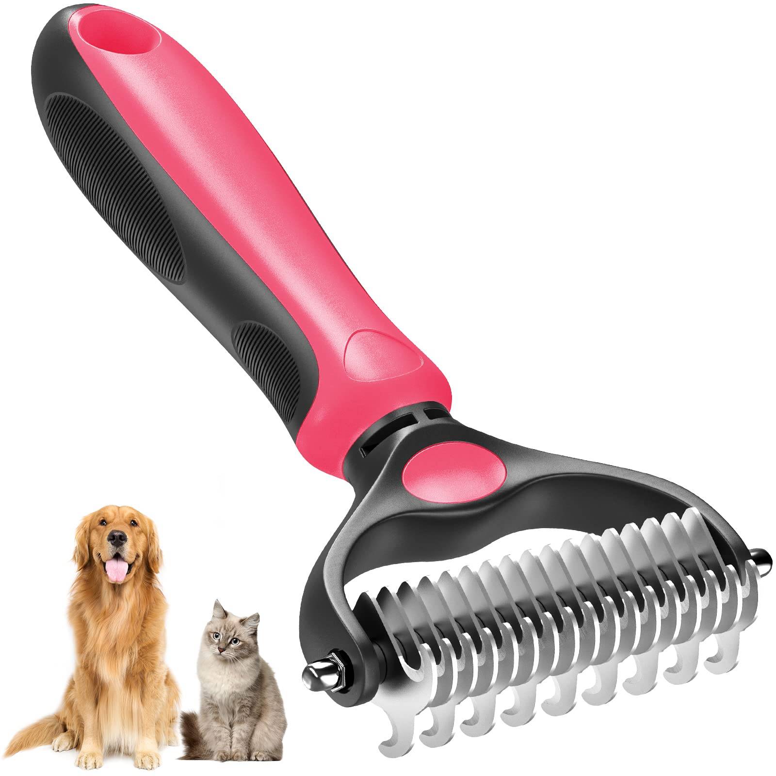 Pet Dematting Comb Grooming Undercoat Rake 17+9 Teeth - Double Sided Designed, weight 0.47 lb .<br /><br />

✅✅ You will be amazed at how much hair will come off after a single use imagine how your dog will love the new healthy and shiny coat after having a grooming session with our grooming tool.shedding brush. Our undercoat rake dramatically reduces shedding by up to 90% after just 1 short session. Perfect for matted, heavy shedding undercoats and extra fur. This is the perfect pet brush for daily deshedding. <br /><br />

✅✅ Benefits from our grooming brush: Multi-purpose grooming tool - dual head design -the 9 teeth dematting side is perfect for removing mats, tangles, and knots, and the 17 teeth deshedding side is best suited for thinning and de-shedding loose hair. Stop pulling the hair out - slightly sharpened blades smoothly cut through the toughest mats. Reduce shedding regular brushing removes excess dead hair from your pet's undercoat, leaving you a clean and hair-free home. Safe for your furry friends - rounded ends teeth do not scratch or irritate the skin. Our dematting comb will leave your pet’s fur sleek, shiny and healthy, perfect for dogs, cats, horses, and rabbits with short, medium, and long coats.<br /><br />

✅✅ Tips for Achieving the Best Grooming Results: <br />
.  Use the 9-teeth side to go over the coat a few times, until you’re pulling out less and less hair from the brush;<br />
.  Comb with the 17-teeth side to thin and de-shed undercoat and remove more loose hair,Dog brush;<br />
.  Pick out the small tangles or mats with our dog metal comb that the teeth can’t get through.<br />