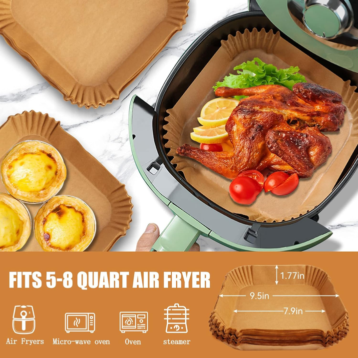 Features:
. Non-Stick
. Keep Clean
. Easy To Use
. Water-proof & Oil-proof
. Disposable

Crafted with natural wood pulp, the 100 Pcs 7.9 inch unbleached air fryer liner is fluorescent-free, grease-proof, and waterproof. When heating with food in ovens, microwave ovens, it withstands temperatures up to 410℉ without curling.

Widely Used: These Juyafio parchment baking paper air fryer baking paper are great for roasting, frying, baking, steamer, frying pan, microwave, air fryer or serving foods. They can be applied to camping, home baking, summer party, and so on.