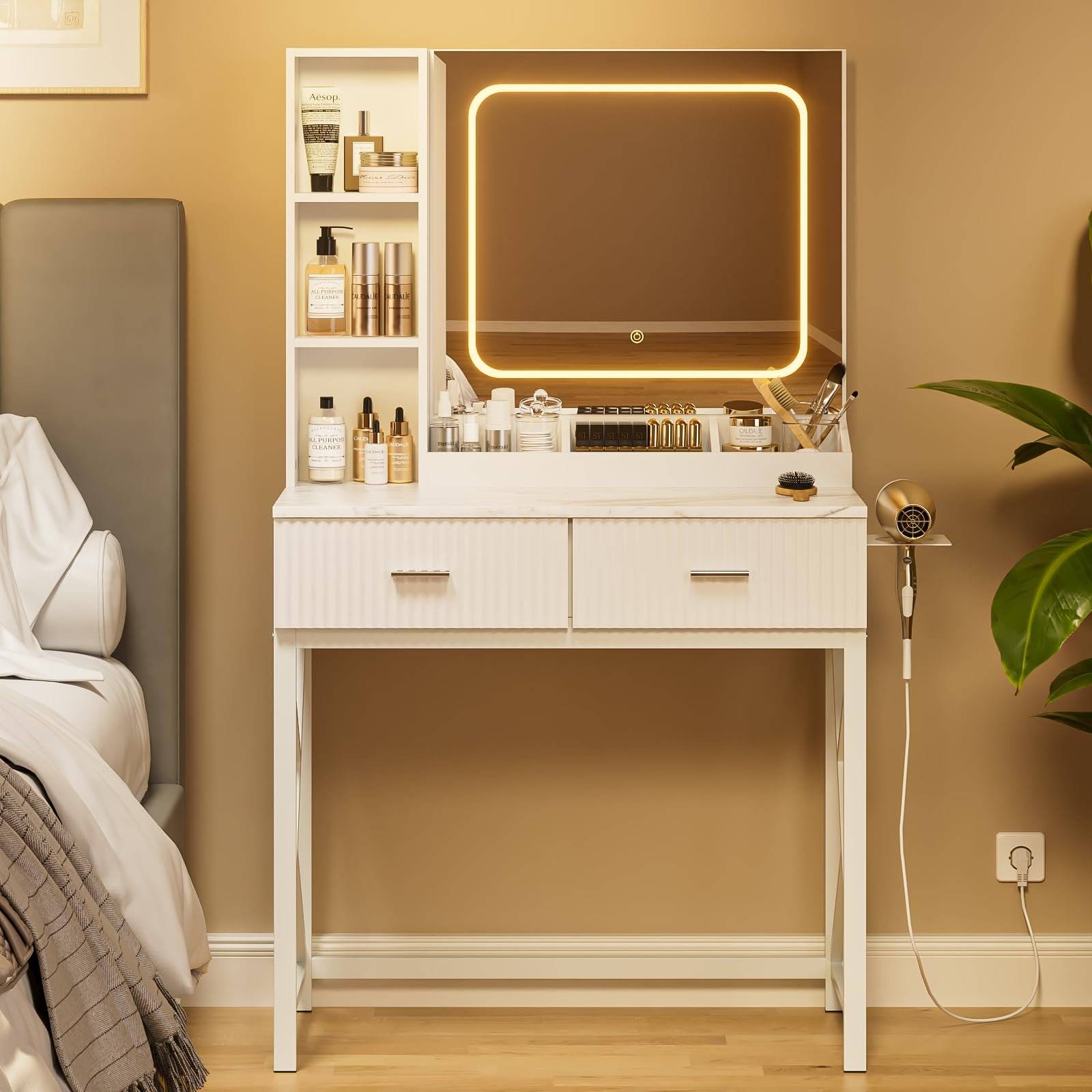 Vanity elevates the art of self-care with elegant, functional furniture. Our vanity desks are crafted for the modern individual. Designed with innovation and style, creates spaces that are both sanctuaries for self-expression and practical for daily routines. Embrace the fusion of beauty and order with MUZPU , where every detail enhances your personal grooming experience.

The sleek design, high-end modern and simple white look and bright LED light make this vanity a bewitching highlight to your bedroom or dressing area. Also if you are the man who is struggling to find a birthday gift, anniversary gift or other special day gift, letting this makeup table a surprise for your girlfriend, mom, wife, it will be smart and unique!
