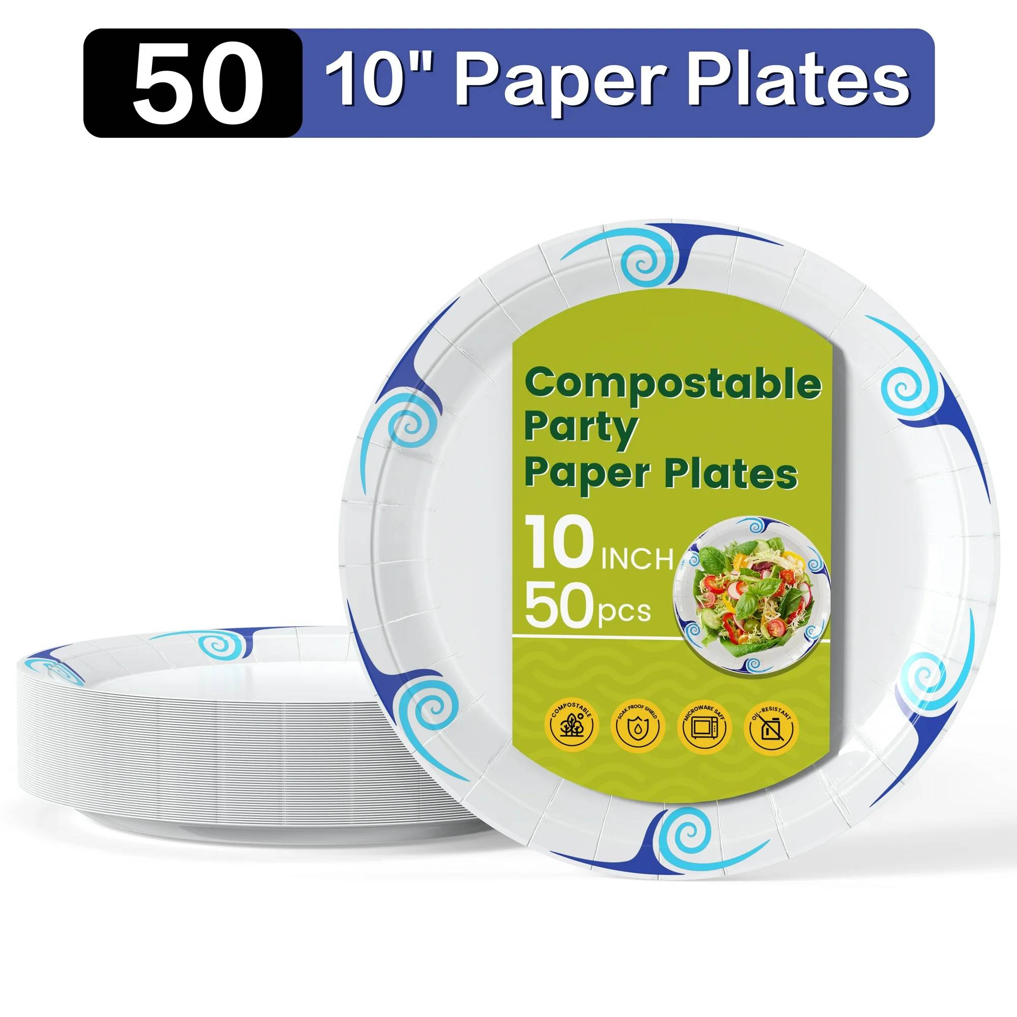 Round Disposable Tableware 10 inch disposable paper plates It's convenient and sturdy. Juyafio offer a blue 50-count pack of 10-inch biodegradable and compostable disposable plates. This package of 50 disposable paper plates is affordable and high-quality. They are heavy-duty, microwave-safe, soak-proof, and cut-resistant, making them perfect for heavy, messy meals. Ideal for barbecues, birthday, parties, gatherings and wedding, they are suitable for various dishes. With microwave-safe convenience and easy disposal, cleanup is quick and hassle-free.