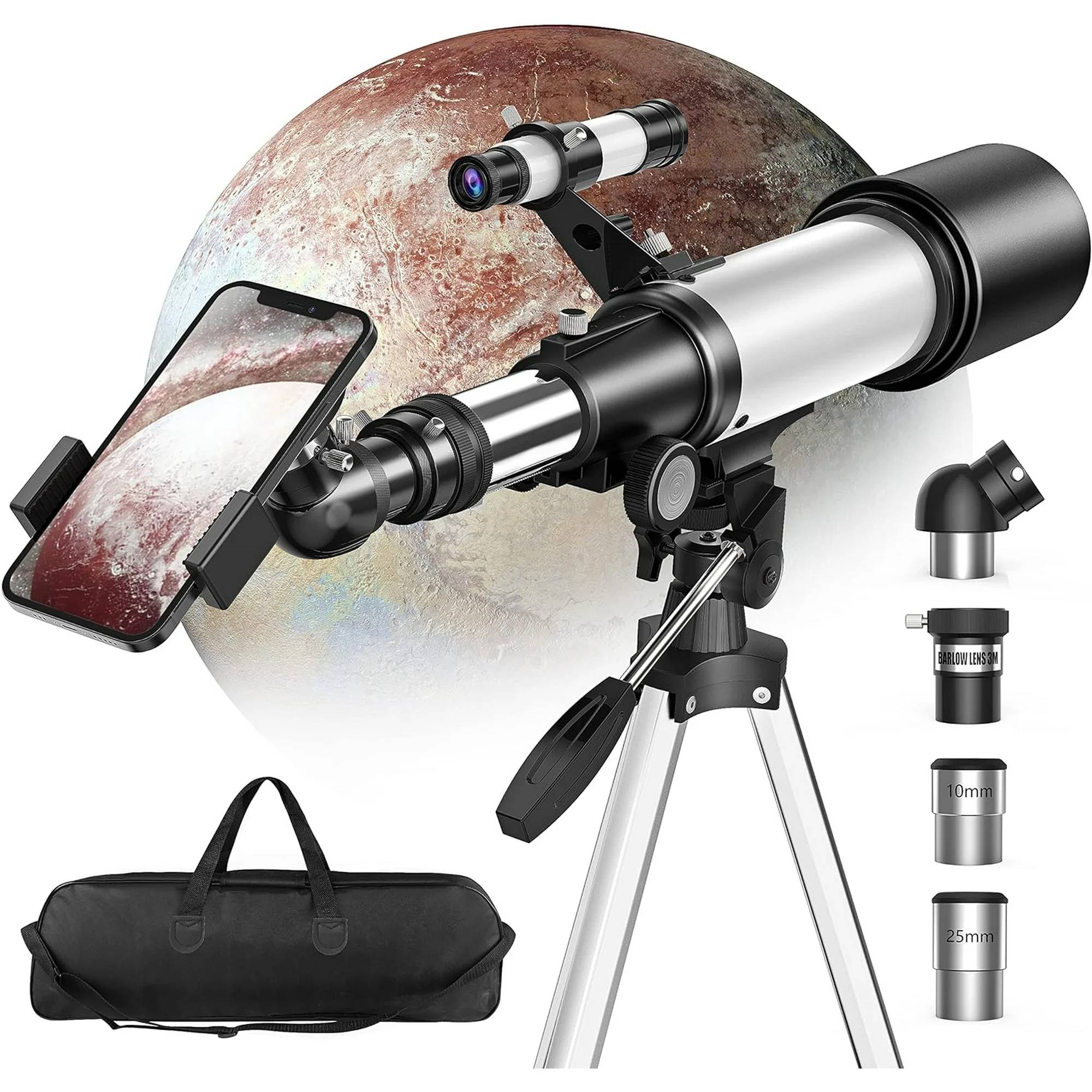 Get stunning views of the night sky's most brilliant sights or explore the fascinating details of the world around with the Juyafio 70 telescope. This versatile refractor has a 70mm aperture that is large enough to provide revealing views of the Moon, planetary features such as Jupiter's cloud belts, and some of the brightest star clusters and nebulae that populate the deep sky.For additional magnification options, the telescope comes with two interchangeable eyepieces and a 3x Barlow lens that can be configured in various combinations to provide powers of 16x, 40x, 48x, and 120x. A special adapter is included to allow observers to practice basic astrophotography using their own smartphone. Other features include a panhandle mount for easy repositioning, a straight-through viewfinder to help locate objects, and an adjustable tripod for comfortable viewing.