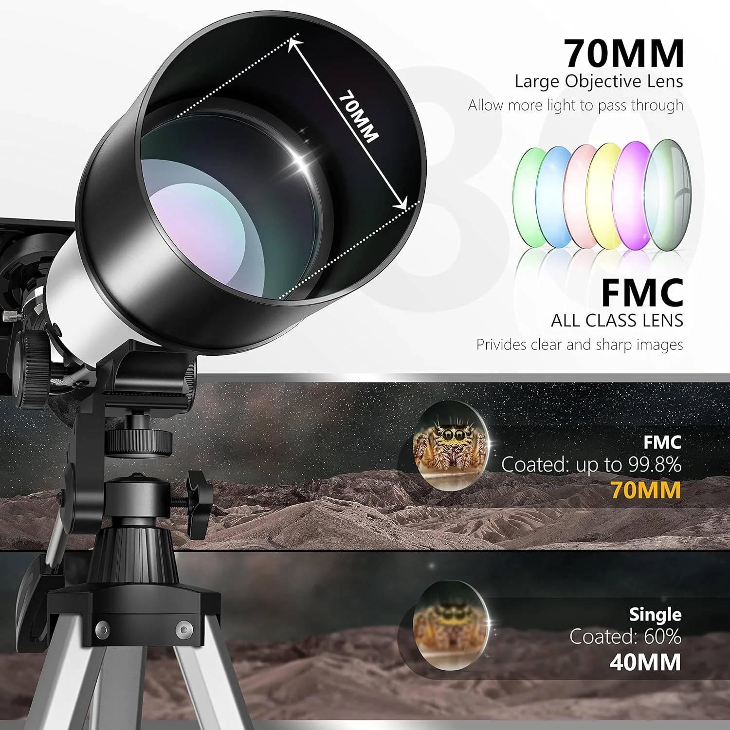 Get stunning views of the night sky's most brilliant sights or explore the fascinating details of the world around with the Juyafio 70 telescope. This versatile refractor has a 70mm aperture that is large enough to provide revealing views of the Moon, planetary features such as Jupiter's cloud belts, and some of the brightest star clusters and nebulae that populate the deep sky.For additional magnification options, the telescope comes with two interchangeable eyepieces and a 3x Barlow lens that can be configured in various combinations to provide powers of 16x, 40x, 48x, and 120x. A special adapter is included to allow observers to practice basic astrophotography using their own smartphone. Other features include a panhandle mount for easy repositioning, a straight-through viewfinder to help locate objects, and an adjustable tripod for comfortable viewing.