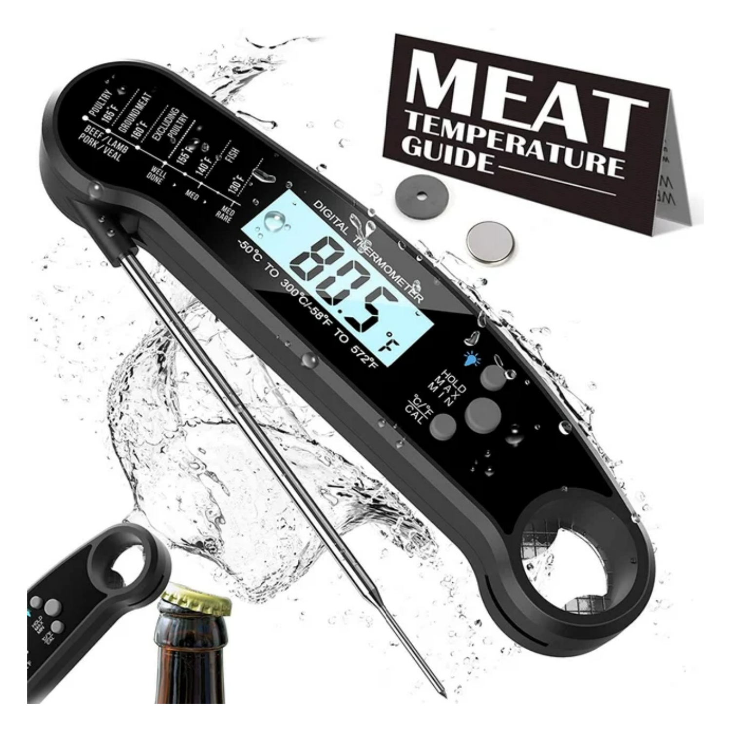 ✅Digital Instant Read Grill Thermometer- Accurate Reading & Ultra Fast, Equipped with a food grade stainless long probe, thermometer takes the temperature in a little as 2 seconds and is accurate to ±1°C(1.8℉) degrees with a wide range of -58℉~572℉（-50°C~300°C), Our meat thermometer for grilling and deep fry thermometer can help perfect your cooking.

. INSTANT READ
. 100% IP67 WATERPROOF
. HOLD TEMPERATURE
. LCD BACKLIGHT DISPLAY

✅Probe thermometer - A food thermometer instant read meat temperature probe can make a big difference so add our meat probe to your grill tools and see the power of a digital thermometer cooking aid.

✅BBQ Wireless Meat Thermometer - Our instant read thermometer digital BBQ accessories are great for indoor/outdoor cooking whether you need a general grilling thermometer or just a steak thermometer.

Packing listing:
1 x Meat Thermometer.
1 x User Manual.
1 x Food Temp Chart.
1 x CR2032 Button Battery (installed).
1 x Battery Case Opener.