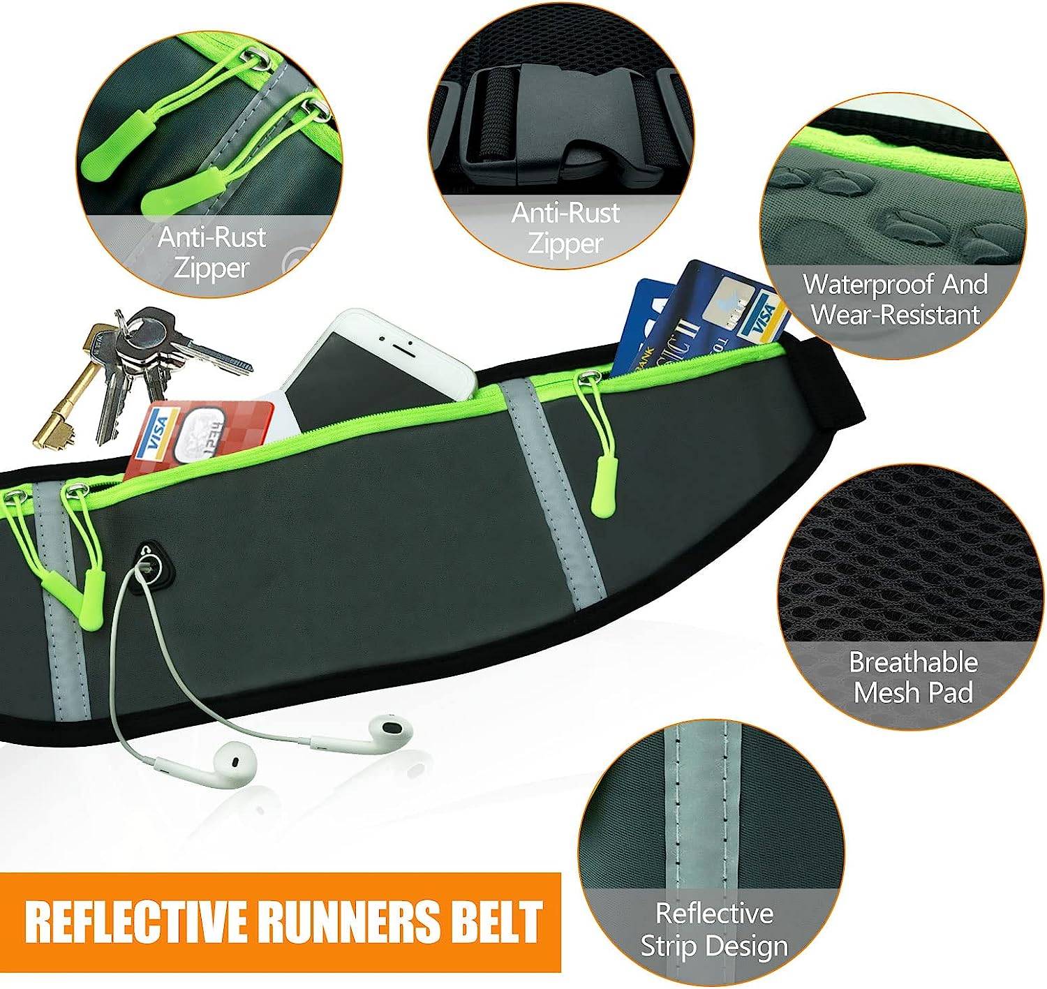 Sports must-have fanny pack / running belts:<br/> Our fanny packs are carefully designed with night vision reflective strips, allowing you to add a sense of security when running at night. It is specially designed for sports, whether it is running, climbing, cycling, or traveling.<br/><br/> ãPremium MaterialãThe running belt made of lycra fabric, soft, breathable, wear-resistant, anti-theft, lightening and sweatproof.<br/><br/> ãAdjustable StrapãYou don't need to search for the right size of running waist band anymore. this waist pack bag fits waist sizes from 27" to 45" with flexible and adjustable belt.<br/><br/> ãLarge CapacityãThree pocket design, partition storage, meet your daily needs,fits all phones under 7 inches,and you can carry Key, Cash, Cards, earbuds, passport and small valuables.<br/><br/> ãBright Reflective StripsãIt plays a protective and warning role in the dark environment, and the night reflective strips take care of your safety when running or walking in the dark.<br/><br/> ãEarphones Hole DesginãThe design of the hidden headphone jack allows you to experience the company of music during sports without worrying about the phone falling.<br/>