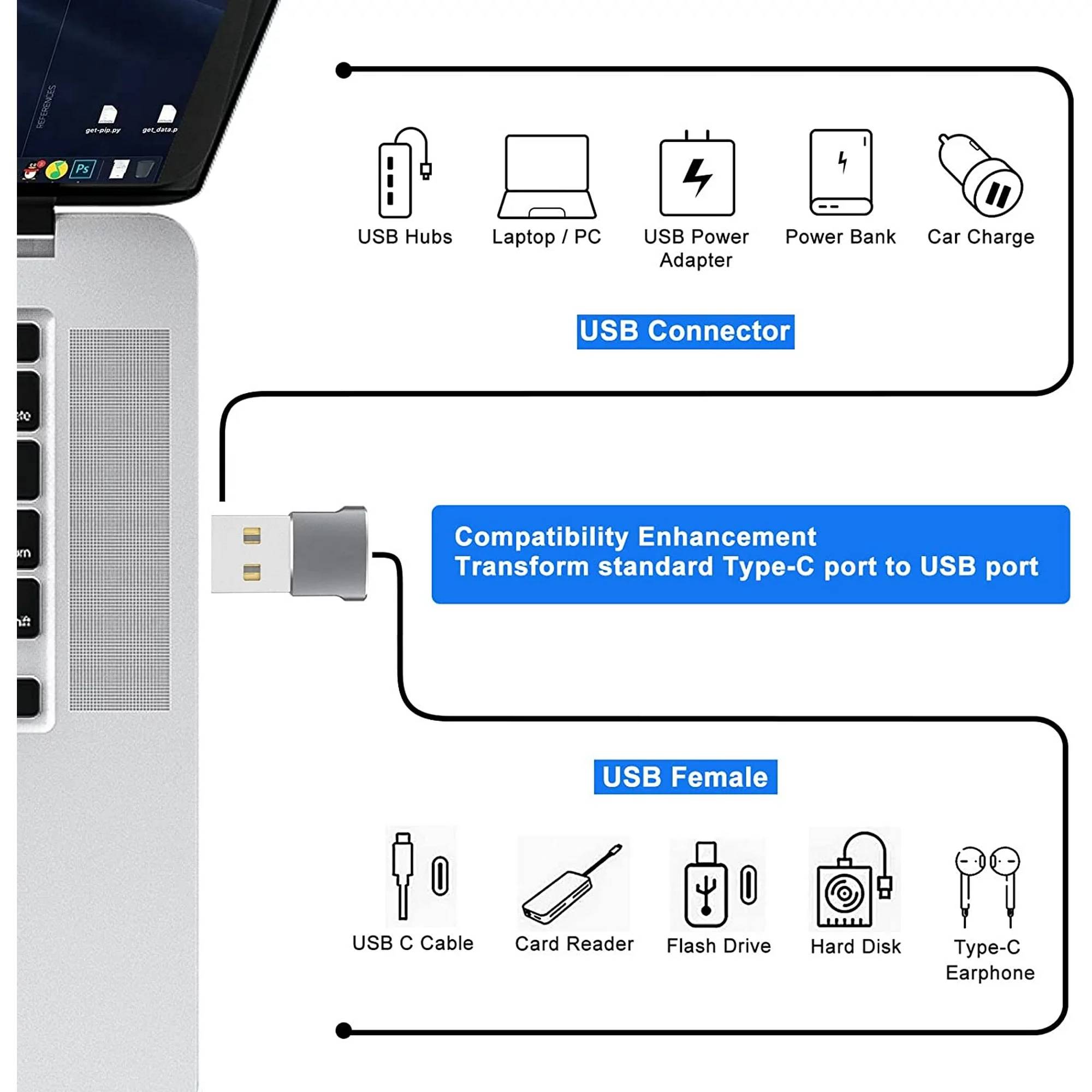 Description:
Item type:USB C Female to USB A Male Adapter
Female - USB 3.1 Type C
Male - USB 2.0 Type A
USB OTG Enabled

Compatible with any USB Type C device , for example: Samsung Galaxy S9/S9+, MacBook Pro, MacBook Air, the Lumia 950, Lumia 950 XL, OnePlus 2, Nokia N1, Lenovo Zuk Z1, Nexus 5X, Nexus 6P, and Pixel C and more other Type-C supported devices.

Package Include:
4x USB C Female to USB A Male Adapters

Warm Tips :
1. This is a USB 2.0 adapter, CAN NOT support USB 3.0/3.1 protocol.
2. Does not support video output, cannot transmit any type of video signals such as hdmi, vga, etc.
3. The USB-C adapter supports 3A fast charging, but the charging speed depends on the charger and charging cable used.
4. It is normal that the adapter may generate heat when used for a long time. Please make sure that the connector is stable when charging.