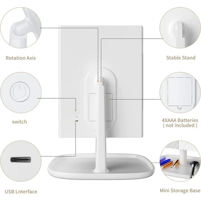 Juyafio Makeup Mirror Vanity Mirror with 52 LED Lights, 1x 2X 3X Magnification, Trifold Lighted Makeup Mirror, Touch Control, with 360 Degree Adjustable Stand Portable (White).
Why do you choose the Juyafio beauty mirror? Its fashionable design, multi-function, and novel ideas are soon fascinated by many customers.Juyafio makeup mirror,3 Panels magnifying, and a wide-angle viewing for you to see your facial features make a perfect makeup with each detail taken care of.
. 360 Degree Rotation
. 3 Magnification Modes：1X/2X/3X
. Dual Power Supply：USB charging cable or 4 AAA batteries
. Tri-fold and Detachable
. Bottom Tray and LED Design