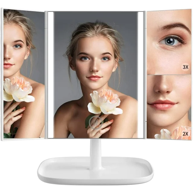 Juyafio Makeup Mirror Vanity Mirror with 52 LED Lights, 1x 2X 3X Magnification, Trifold Lighted Makeup Mirror, Touch Control, with 360 Degree Adjustable Stand Portable (White).
Why do you choose the Juyafio beauty mirror? Its fashionable design, multi-function, and novel ideas are soon fascinated by many customers.Juyafio makeup mirror,3 Panels magnifying, and a wide-angle viewing for you to see your facial features make a perfect makeup with each detail taken care of.
. 360 Degree Rotation
. 3 Magnification Modes：1X/2X/3X
. Dual Power Supply：USB charging cable or 4 AAA batteries
. Tri-fold and Detachable
. Bottom Tray and LED Design