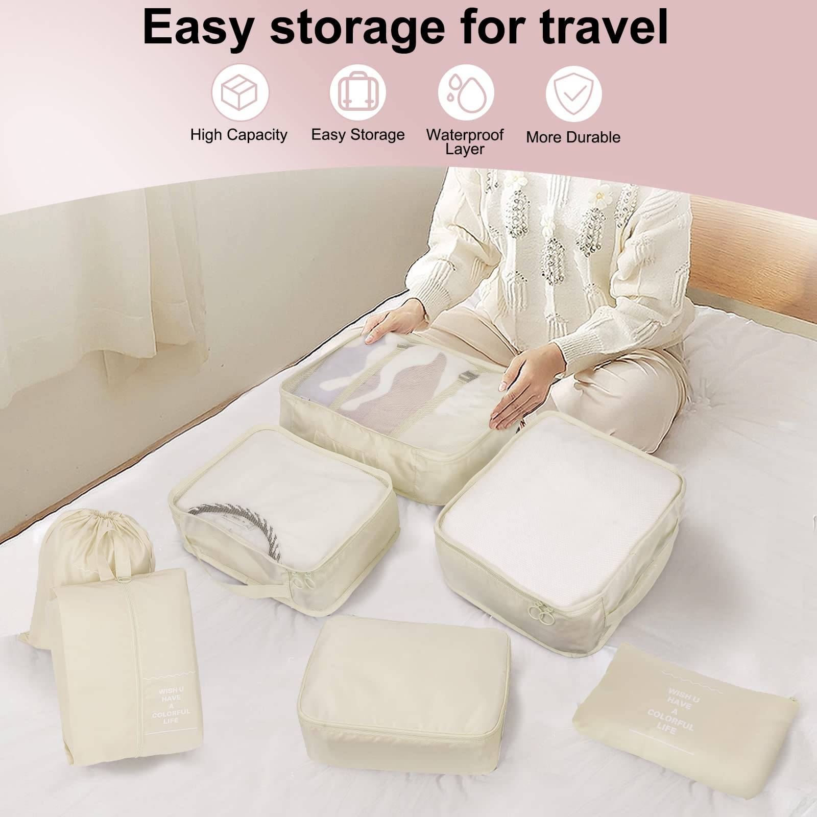 Features:7 Pcs Packing Cubes for Luggage: The sets include 3 travel packing cubes with a see-through mesh top for clothes, 1 private cube for bras and underwear, 1 travel shoe bag, 1 toiletry bag, 1 laundry bag for dirty clothes and 1 flat bag for small items, like socks, electronic accessories or keys.