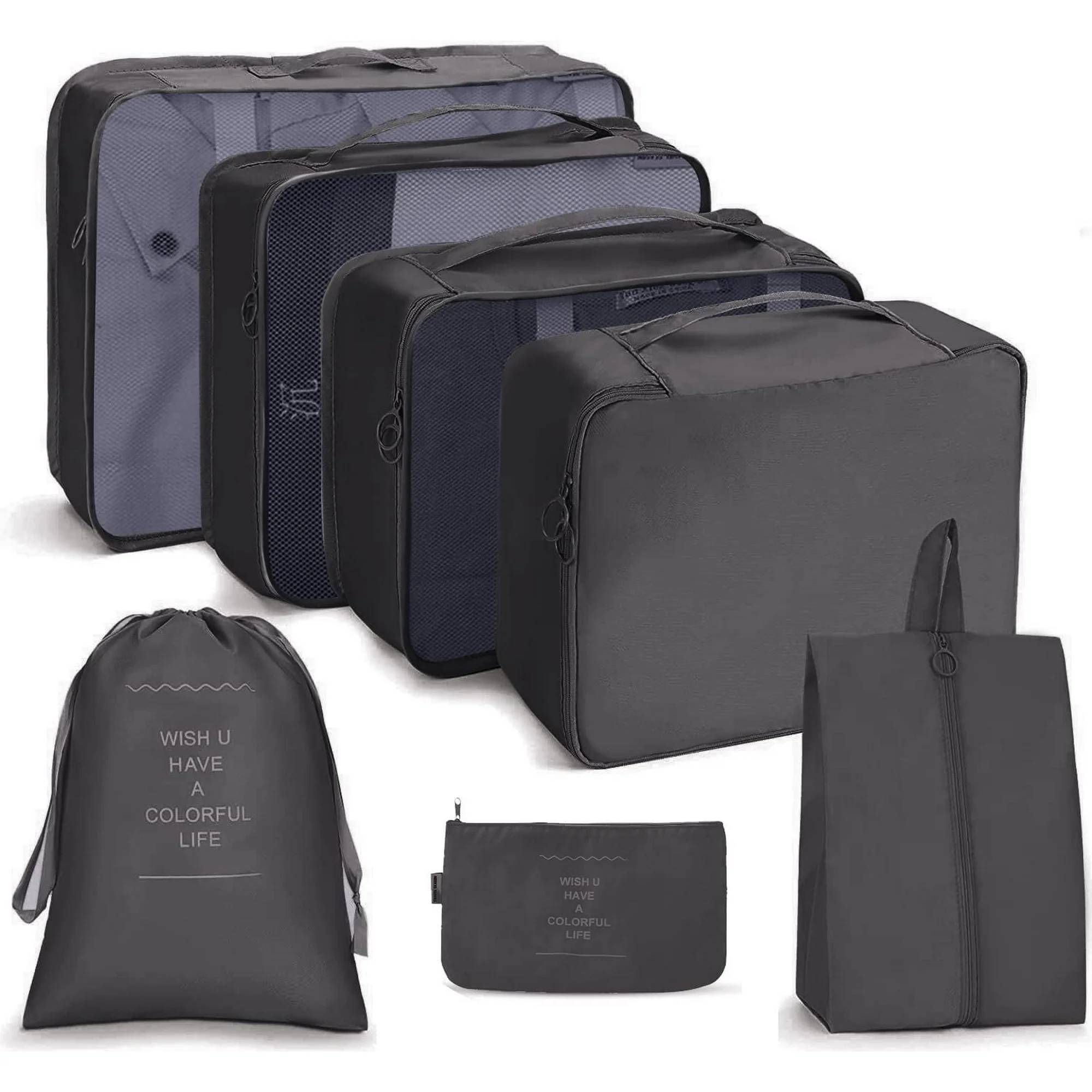 Packing Cubes for Travel, 7Pcs Travel Cubes Set Foldable Suitcase Organizer Lightweight Luggage Storage Bag.

Features:
7 Pcs Super Value Travel Packing Set: The sets include 3 travel packing cubes with a see-through mesh top for clothes, 1 private cube for bras and underwear, 1 travel shoe bag, 1 toiletry bag, 1 laundry bag for dirty clothes and 1 flat bag for small items, like socks, electronic accessories or keys.

Specification:
Material: Nylon, Linen
Colour: Black
Closure Type: Buckle

Package Includes:
1 x Large net bag: 15.3 * 11.4 * 3.9 inch
1 x Medium net bag: 12.2 * 9.8 * 3.9 inch
1 x Small mesh bag: 11.8 * 8.26 * 3.9 inch
1 x Shoe bag: 13.7 * 10.6 * 3.9 inch
1 x Underwear Storage bag: 12.2 * 7.87 * 3.9 inch
1 x Elastic drawstring bag: 13.7 * 10.6 inch
1 x Digital bag: 9.7 * 16.2 inch