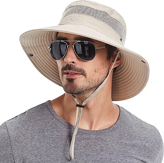 Plarmod Unisex Western Cowboy Hats Wide Brim Mesh Bucket Hats with UV Protection Drawstring Outdoor Fisherman Headgear, Summer Sun Hat.<br /><br />

Product Highlights:<br /><br />

1. Size: Hat Height 3.74 inch, Brim Length 3.35-3.74 inch, Chin Drawstring Length 12.99 inch, so it is large enough to shade forehead to keeps your face and neck safe from harmful rays, and water repellent polyester material could prevent rainwater from seeping into your head.<br /><br />

2. Excellent sun protection effect, with UPF50+ sun protection effect and effectively reduce ultraviolet rays, the hat brim design can resist sunlight.<br /><br />

3. The cap contains an evaporative cooling lining, the evaporative cooling lining retains cold water, and then slowly evaporates to keep you cool all the time.<br /><br />

4. Foldable design, easy to carry, the drawstring at the chin can fix the hat on the head, very practical.<br /><br />

5. The inner moisture wicking sports belt, with mesh ventilation holes on both sides, is very breathable, making you comfortable to wear.<br /><br />

Specifications:<br /><br />

Material: 100% Polyester<br /><br />

Pattern Type: Solid<br /><br />

Style: Outdoor Hats<br /><br />

Inner Circumference: 21.2in - 23.2in<br /><br />

Hat Height: 3.7 in<br /><br />

Hat Width: 3.7 in<br /><br />

Closure Type: Drawstring<br /><br />

Size: One Size<br /><br />

Color: Army Green, Beige, Dark Grey, Light Grey<br /><br />


Package Contents:<br />

1 x Unisex Fisherman Hat<br /><br />

Promise:<br />
If the product has any quality problems, please feel free to contact us, we will help you solve the problem as quickly as possible.<br />